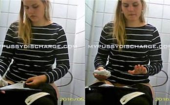 Blonde removing pussy discharge from panties at the toilet 1